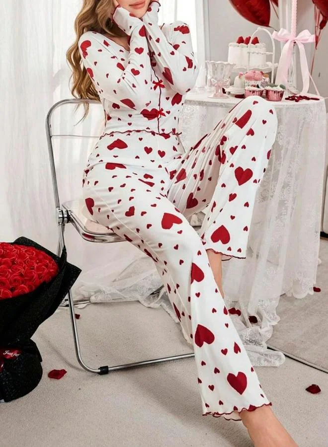 Take Two white Love-Heart Printed Long Sleeve Top and Pyjama Set for Women | Best Price UAE